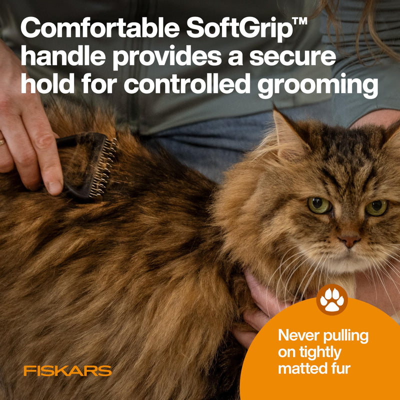 Fiskars Pet, Cat and Dog Brush, Fine Bristles & SoftGrip Handle for Gentle Grooming and Deshedding, Cat and Dog Supplies, Orange/Black Dematting Rake