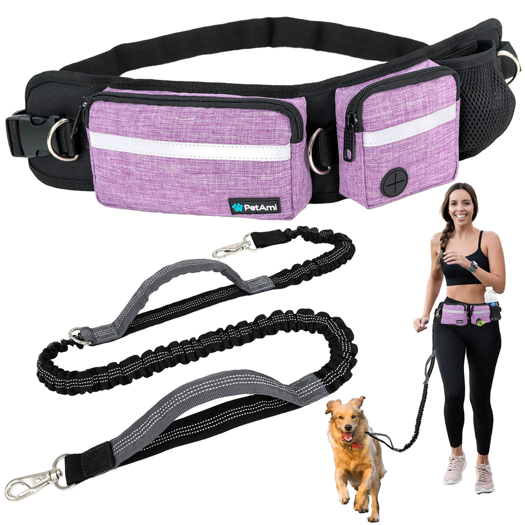 PetAmi Hands Free Dog Leash, Dog Running Leash Belt Bag for Walking, Jogging, Dog Waist Double Zipper Pouch with Poop Bag Dispenser, Dual Padded Handles Reflective Bungee Leash, Single 1 Leash Purple