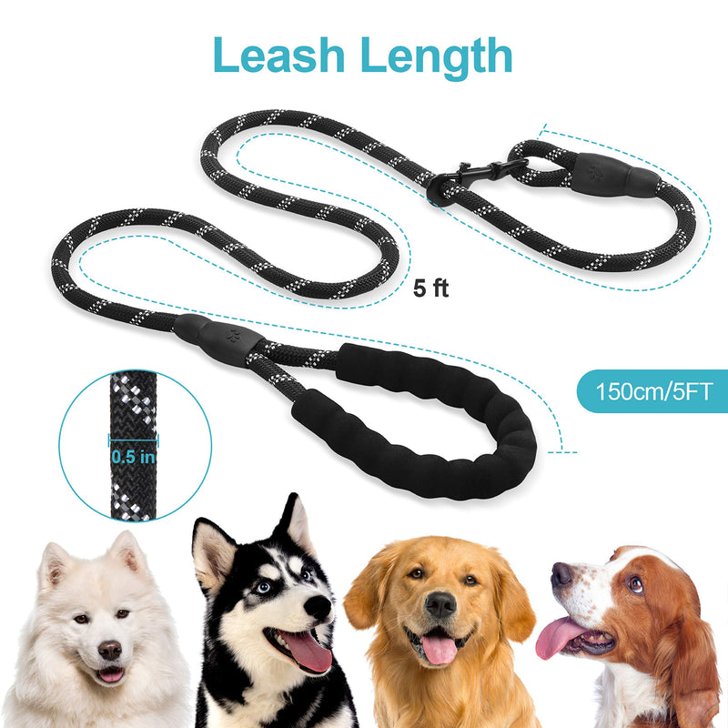 5ft 1/2in Heavy Duty Black Dog Leash for Large Dogs & Medium Size Dogs - Highly Reflective Heavy Duty Dog Rope Leash with Soft Padded Anti-Slip Handle- for 18-120 lbs Dogs 1/2" x 5 FT(18~120 lbs.) - PawsPlanet Australia