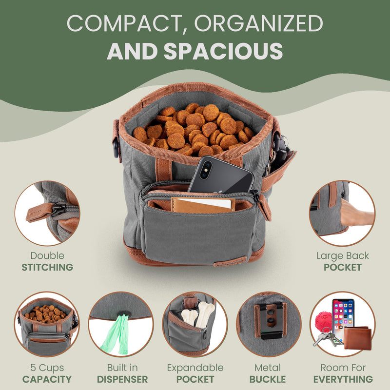 BEAU&FUR Large Dog Treat Pouch with Clicker for Training – 4 Cup Capacity, Built-In Poop Bag Dispenser, Expandable Pocket, Metal Buckle, Large Back Pocket, Ideal Design for Walks and Training – Grey Large - Grey