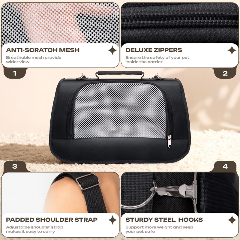 Small Pet Carrier for Cats, Rabbits, Guinea Pigs – Airline Approved Soft-Sided Travel Bag, Lightweight Dog Carrier, Ventilated & Foldable (Up to 10 lbs, Black) - PawsPlanet Australia