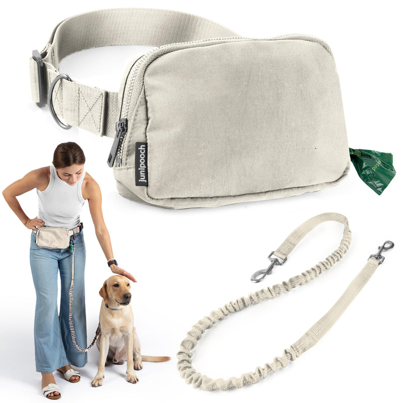 Hands Free Dog Leash with Dog Treat Pouch - Stylish & Trendy Waist Leash for Dog Walking - Wear Around The Waist or Crossbody - Durable & Detachable - Shock Absorbing - Waste Bag Dispenser Ivory - PawsPlanet Australia