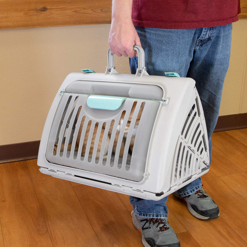 SportPet Large Hard-Sided Travel Cat Carrier - Cat Carrier with Patented Wide Side-Opening Door, Foldable Portable Pet Carrier with Removable Bed for Cats & Small Pets up to 25lbs - Gray Large Carrier w/ Bed (Gray)
