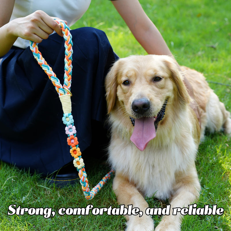 Handmade 5ft Braided Cotton Dog Leash with Unique Floral Handle, Durable and Stylish, Ideal for Small to Large Dogs,Rainbow Mix Fiesta Twist - PawsPlanet Australia