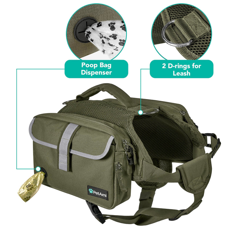 PetAmi Dog Backpack for Medium & Large Dogs, Saddle Bag for Dogs to Wear for Hiking, Pet Backpack Harness Dog Pack with Reflective Side Pockets for Walking Running Olive Canvas - PawsPlanet Australia