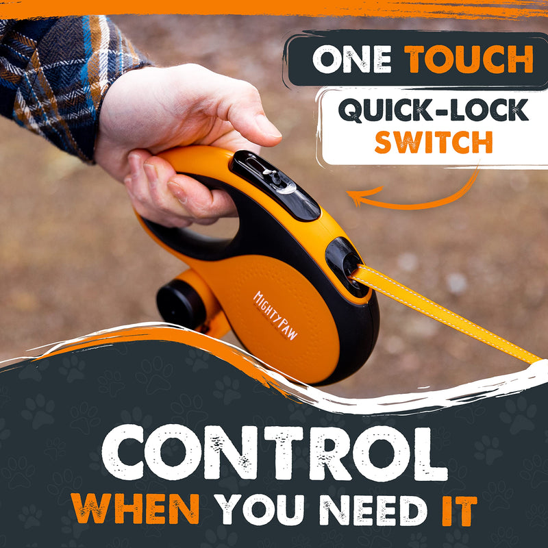 Mighty Paw Retractable Leash with Built-in Poop Bag Holder | 16' Long Retractable Dog Leash for Small Dogs, Medium Breeds & Large Pets with Tape for Quick Control. Poop Bags Included Orange Lite | 0 - 23 kg - PawsPlanet Australia