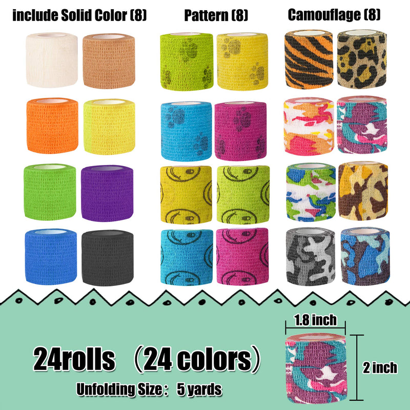 24Pack Self Adhesive Tape Vet Wrap Flex Bandages Leg Wrap Adherent Non-Woven for Dog Cat Horse Pet Animals Ankle Sprains & Swelling 2 Inch 5 Yards (Assorted Patterns) - PawsPlanet Australia