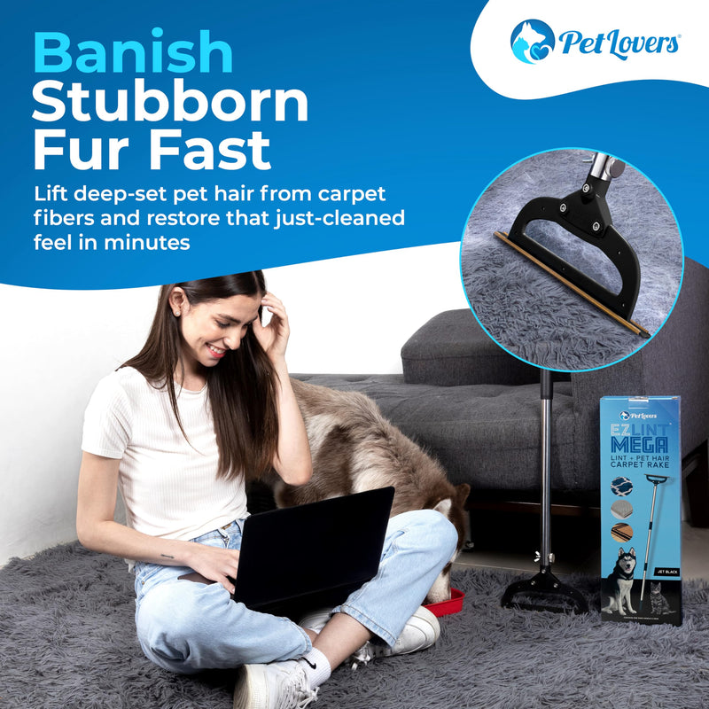 PetLovers EzLint Mega 52" Carpet Rake & Pet Hair Removal Tool – Dog & Cat Hair Remover Broom with Adjustable Handle & Extra Wide Head for Carpets, Rugs & Stairs, Black - PawsPlanet Australia