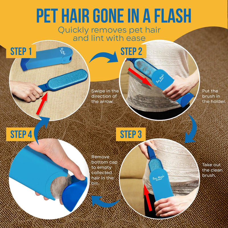 Fur Magic Pet Hair Remover Brush, Updated Design with Easy Open Self-Cleaning Base, Reusable Lint and Fur Remover for Clothes, Carpets, Stairs, Dogs, Cats and Rabbits, Blue New Blue Brush