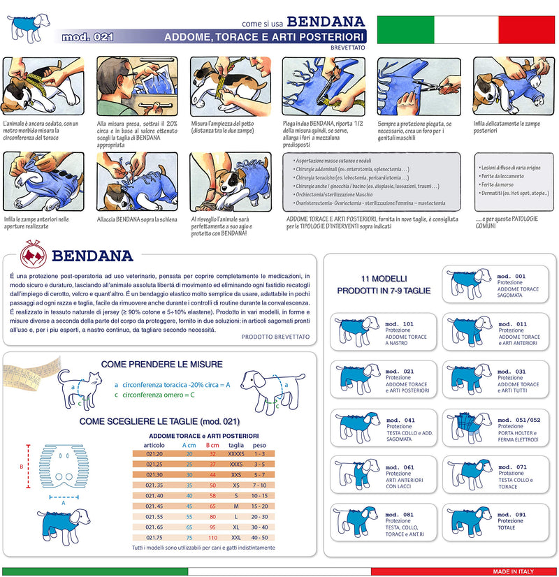 Bendana Post-operative suit for dogs and cats, protects wounds and bandages and gives the animal its freedom of movement. Model 021 - Suit for abdomen, chest and hind legs (S)