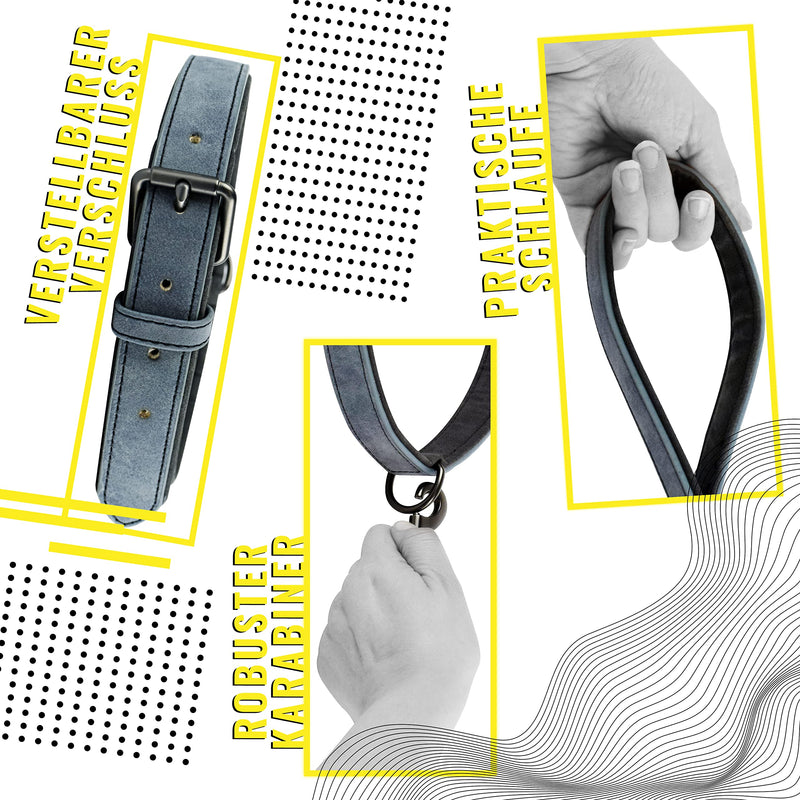 ne&no® Collar and Lead Set (Vegan Leather) Dog Lead with Collar I Robust Dog Lead with Carabiner I Adjustable Dog Collar I 1.2 m Dog Leash I Flexible and Extra Soft (L, Blue/Anthracite) - PawsPlanet Australia