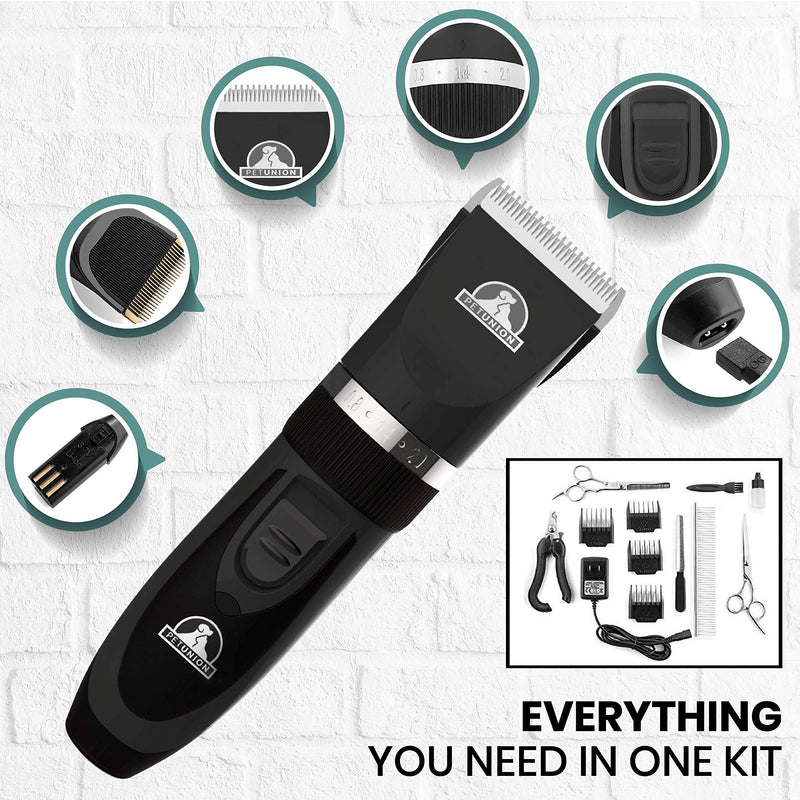 Pet Union Professional Dog Grooming Kit - Rechargeable, Cordless Pet Grooming Clippers & Complete Set of Dog Grooming Tools. Low Noise & Suitable for Dogs, Cats and Other Pets (Stainless Steel) Stainless Steel