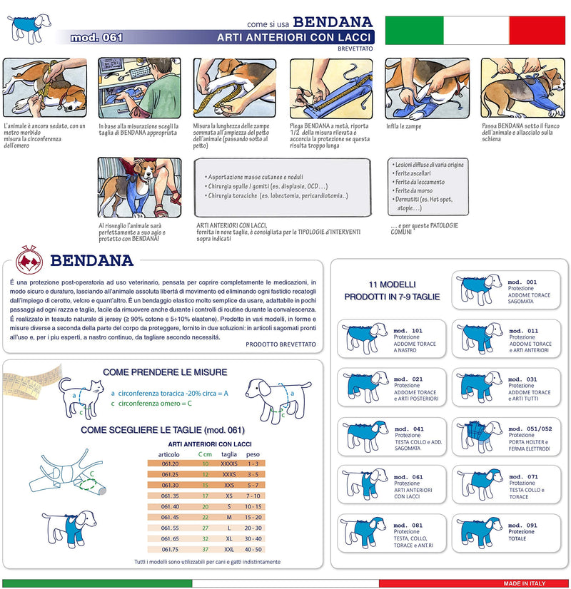 Post-operative suit for dogs and cats, protects wounds and bandages and allows the animal to move freedom of movement. Model 061 - Protection of the front legs with cords (XXS)