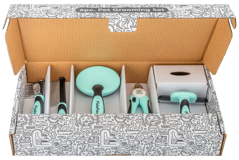 Pixie Paws Grooming Pet Brush 6 Piece Set, Dog and Cat Kit, Dematting Comb, Deshedding Fur, Toothbrush Clean Teeth, Remove Knot Tangles, Nail Clippers, Comfortable Handle - 530004E - PawsPlanet Australia