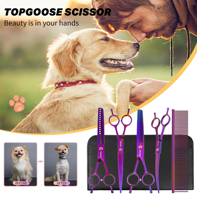 TOPGOOSE Dog Grooming Scissors Kit, Professional 6 in 1 Pet Scissors Sharp Shears Set - Straight, Thinning, Chunker, Curved Shears and Comb for Long Short Hair for Dog Cat (Set, Purple)