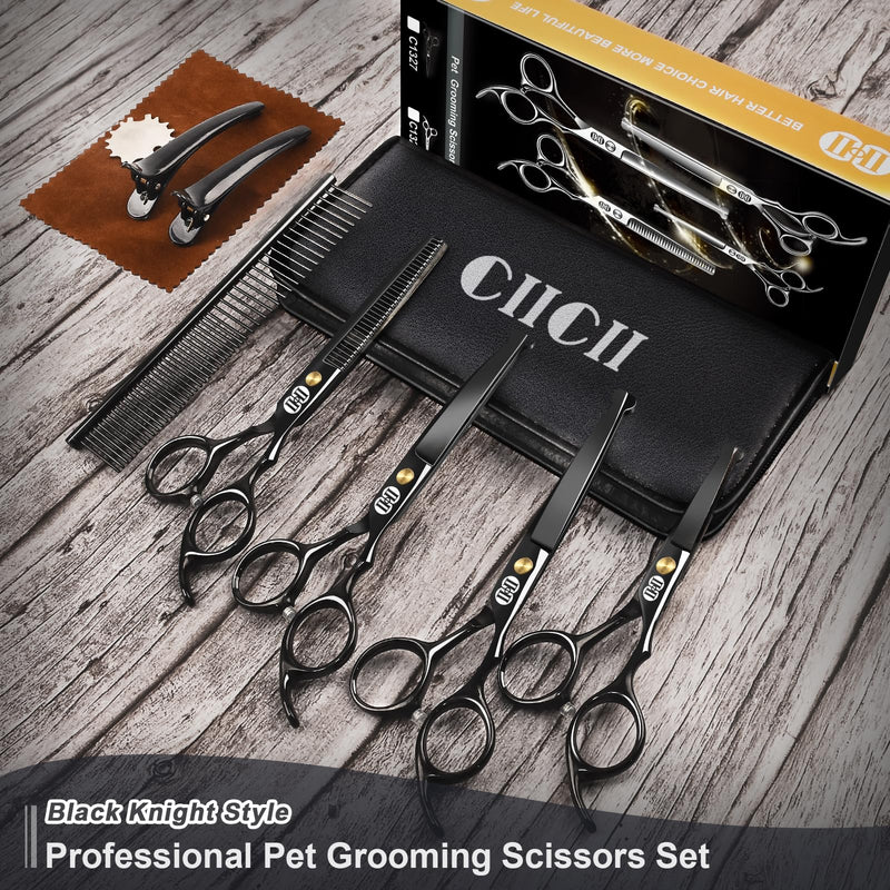 CIICII Dog Grooming Scissors Kit, 10-In-1 Professional Pet Grooming Scissors Set with Safety Round Tip (Dogs/Cat Hair Cutting Trimming Thinning Shears with Curved Scissors) for DIY Home Salon (Black) Black Dog Grooming Scissors