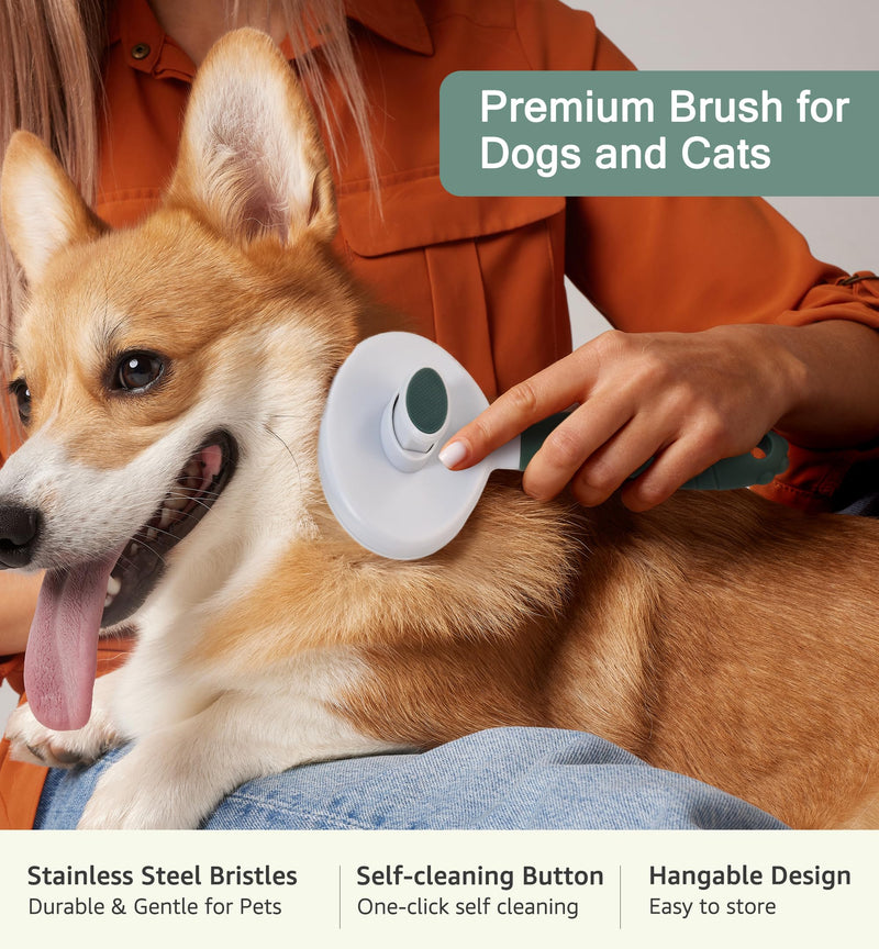 Pet Self-Cleaning Slicker Brush for Dogs & Cats, Deshedding Grooming Comb, Removes Loose Undercoat Hair & Mats, Skin-Friendly Massaging Tool for Long/Short Fur, Large & Small Breeds (Green) Green - PawsPlanet Australia
