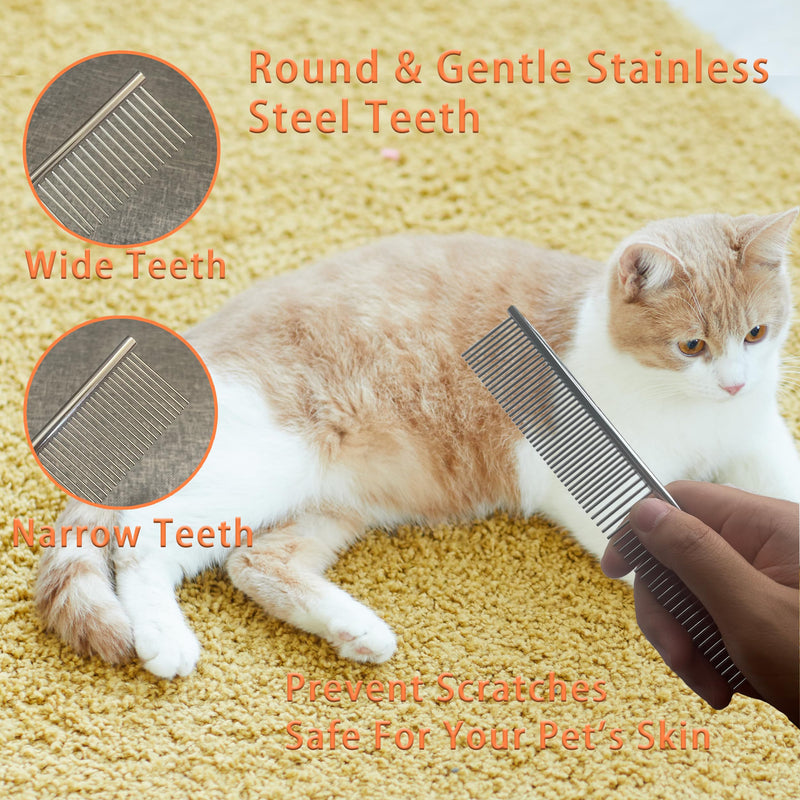 Cat Grooming Brush Kit 6 Tools - Deshedding & Dematting for Long/Short Hair, Self-Cleaning Slicker Brush with 6-in-1 Flea Comb for Cats & Kittens (Orange) Orange - PawsPlanet Australia