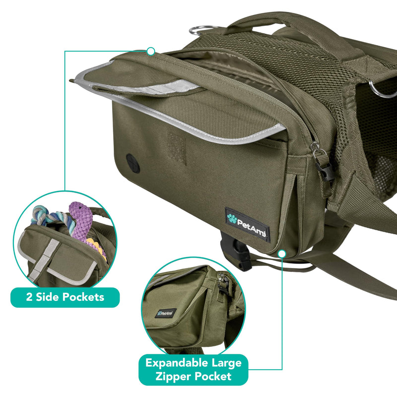 PetAmi Dog Backpack for Medium & Large Dogs, Saddle Bag for Dogs to Wear for Hiking, Pet Backpack Harness Dog Pack with Reflective Side Pockets for Walking Running Olive Canvas - PawsPlanet Australia