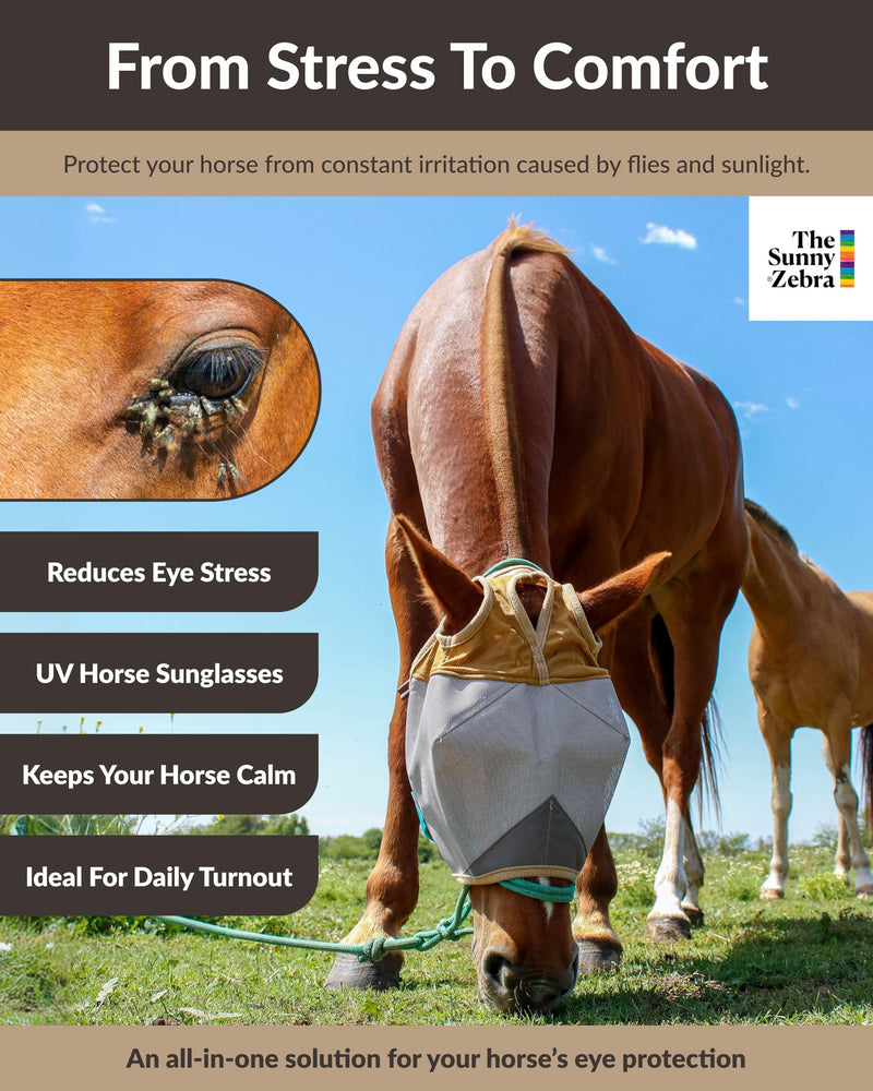 TSZ Horse Fly Mask Standard No Ears - UV Block 70% Breathable Soft Fleece Padding Fly Masks for Horses Flymask Durable Fly Control Comfortable Adjustable Straps All-Day for Equines Standard (Horse)