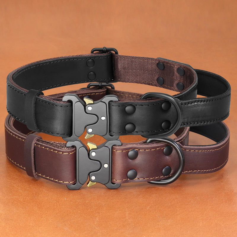 PET ARTIST Tactical Leather Dog Collar for Walking & Training, Sturdy Dog Collar with Soft Handle, Durable Metal Buckle,Best for Medium Large Dogs, Brown L M:15-20 Inch - PawsPlanet Australia
