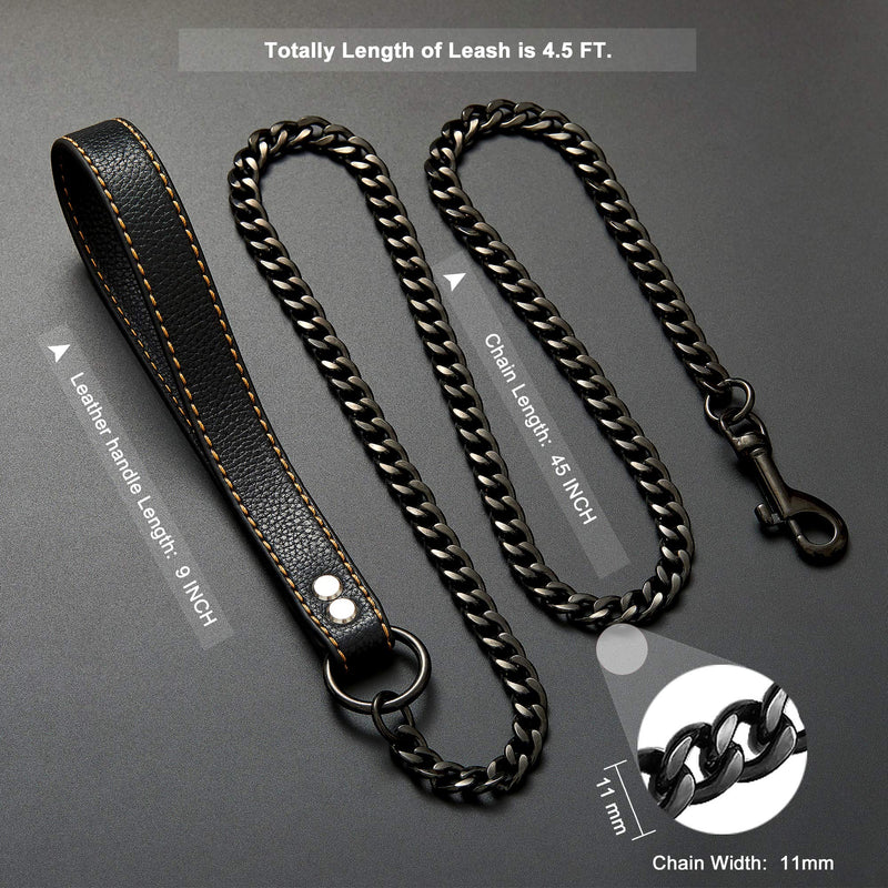 Black Chain Dog Leash - Heavy Duty Metal Chew Proof Leash with Leather Padded Handle for Large Medium Dogs (11MM, 4.5ft) Black - PawsPlanet Australia