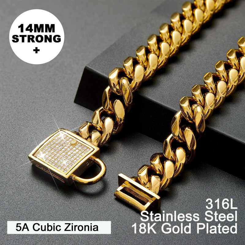 ToBeTrendy Cuban Link Dog Collar Designer Gold Chain Collar with Zirconia Locking 14mm Metal Puppy Collar Luxury Dog Bling Necklace(12 to 26in) 14" (Fits Neck 12" to 13.5") - PawsPlanet Australia