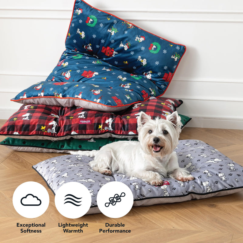 Berkshire Peanuts® Square Dog Bed, Suedemink Fleece Pet Mat with Waterproof & Non-Slip Bottom, Soft Plush Dog Mat for Crate, Couch, or Floor, Machine Washable(Snoopy Best Christmas Icons, Medium) Snoopy Best Christmas Icons Opened Up Small Navy - PawsPlanet Australia