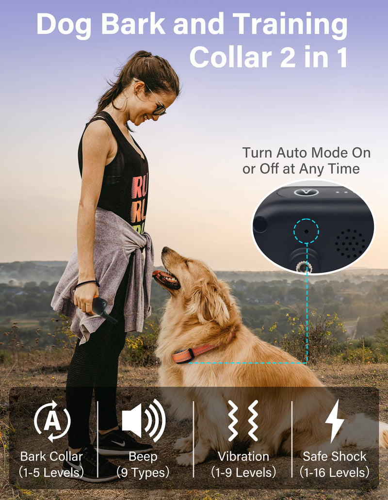 PaiPaitek Bark Activated Shock Collar with Remote - Automatic Bark and Training Collar Combo 3300ft Range, Bark Shock Collar for 40-150lbs Medium Large Dogs - IPX7 Waterproof Orange