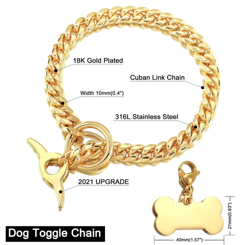 Jewelry Kingdom 1 Dog Chain Collar with Dog ID Tag 18K Cuban Link Chain 10MM Strong Heavy Duty Chew Proof Adjustable Training Walking Collar with Toggle Clasp for Small Medium Dogs 10inch to 24inch 12"(Fits Neck 8"-11") - PawsPlanet Australia