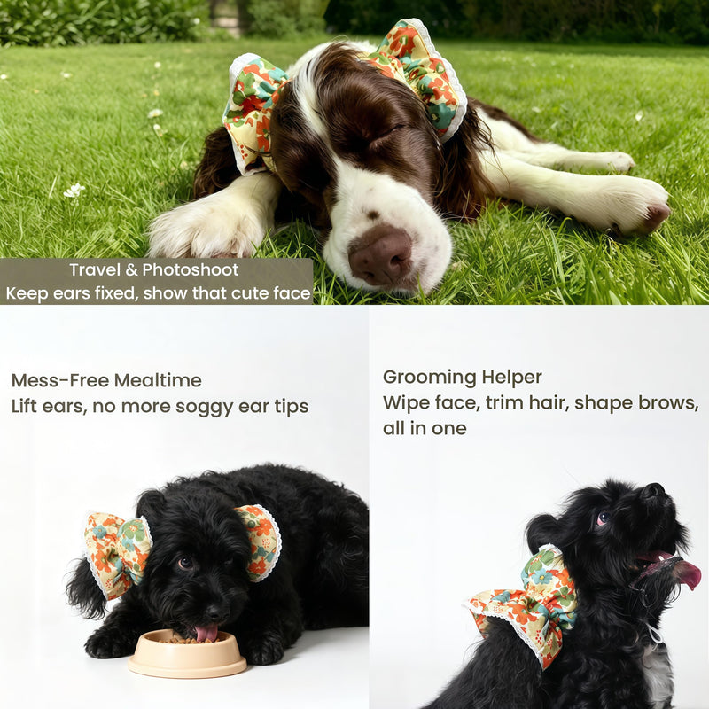 Dog Ear Snood for Long-Eared Dogs, Adjustable Dual Ear Loops with Clips, Prevent Ears from Dipping into Food for Mealtime, Decorative Hair Bands for Cocker Spaniel, Basset Hound, etc.