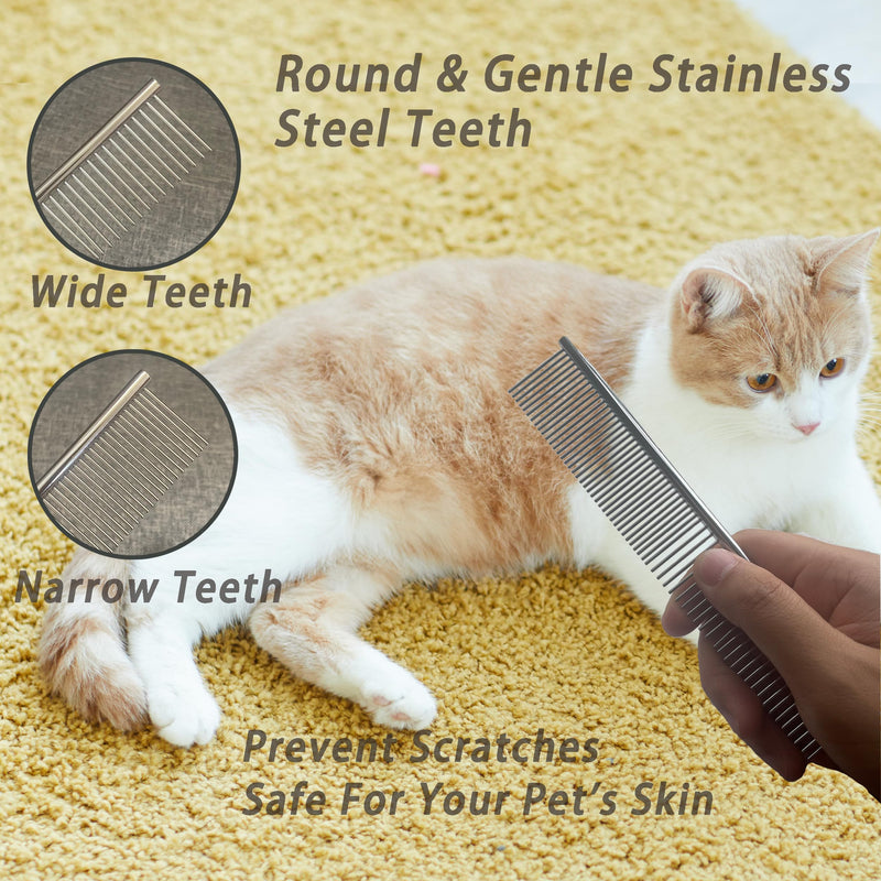 Cat Grooming Brush Kit 6 Tools - Deshedding & Dematting for Long/Short Hair, Self-Cleaning Slicker Brush with 6-in-1 Flea Comb for Cats & Kittens (White) White