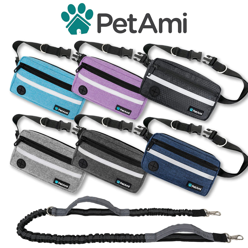 PetAmi Hands Free Dog Leash, Dog Running Leash Belt for Walking Jogging, Dog Waist Zipper Pouch Fanny Pack with Poop Bag Dispenser, Dual Padded Handle Bungee Leash for Small Medium Large Dogs, Single 1 Leash Purple