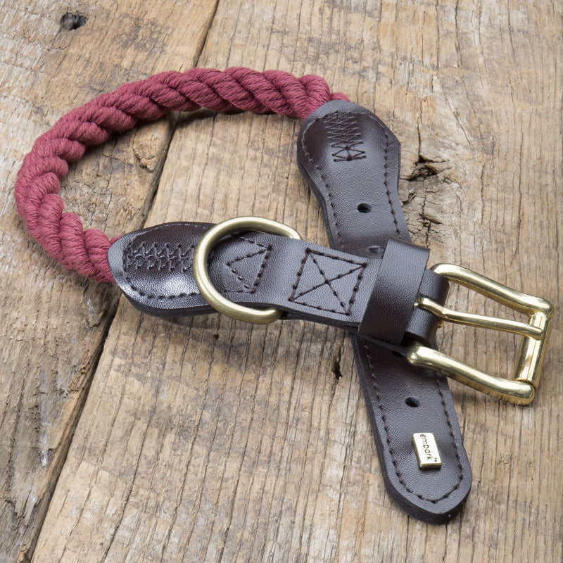 Embark Pets Country Dog Rope Collar - Braided Cotton and Rolled Leather Dog Collar for Small Dogs - Durable Dog Collars for Small Dogs and Strong Build for Training, Walking, Running (Small, White) Bordeaux Red - PawsPlanet Australia