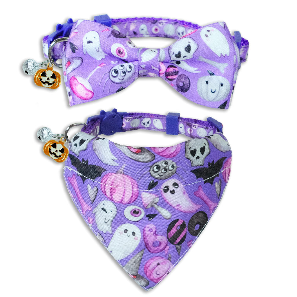 Halloween Cat Collar with Bow Tie and Bells, Holiday Ghost and Pumkin Cat Bandana with Charms for Boys and Girls Male Female Kitties Kittens