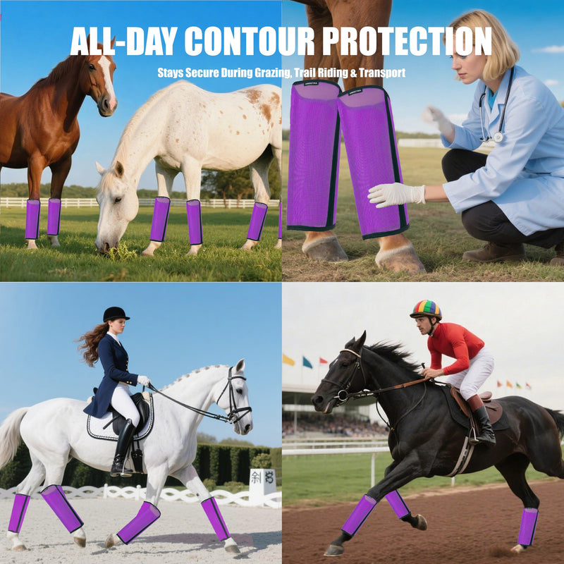 Mesh Horse Fly Boots Set of 4, Loose Fitting Shoofly Leggings for Horses with Breathable & Adjustable, Fly Leg Wraps for Horses Stop Annoying Stomping, Stay-on Comfortable Shoo Fly Boots (Purple)