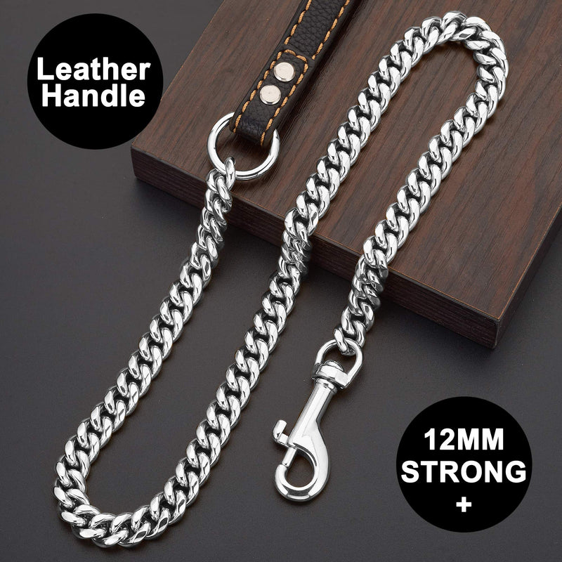 PRADOG Chain Dog Leash Metal Chew Proof 12MM Heavy Duty Pet Leash Chain with Leather Padded Handle for Large Medium Small Dogs(Totally Length of 3ft) 3.0 FT ( For Larger Dog) - PawsPlanet Australia