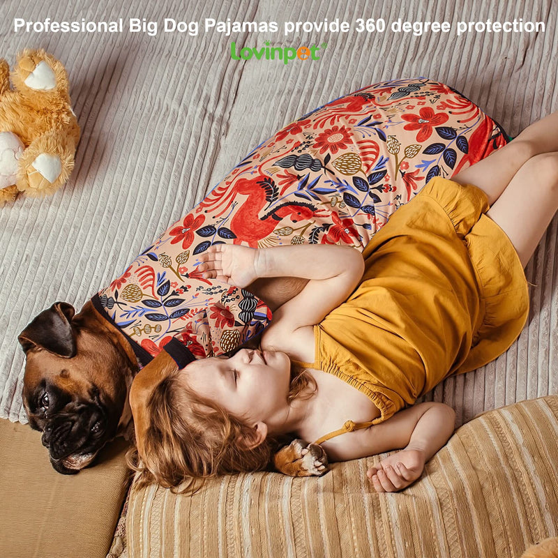 LovinPet Large Breed Dog Pajamas, Lightweight Pullover Full Coverage Dog Pjs, Pitbull Onesie, Happy Horse Coral Print, Pitbull Shirt, Pet Pajamas for Dogs, Pet PJ's, M Medium Black collar/Red update - PawsPlanet Australia