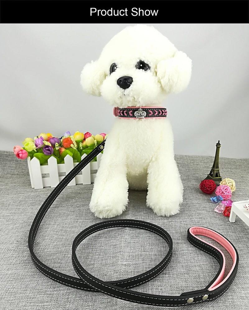 Dog Collar and Lead Set Nylon Straps Woven Bling Collar Leather Diamante Puppy Collar with Leash for Dogs - Pink - S - PawsPlanet Australia