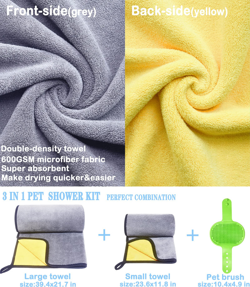 Dog Towel Pet Cat Dog Bath Towel Microfiber Drying Towel 3 in 1 Super Absorbent Ultra Soft Double Density 600 GSM Pet Brush Cat Dog Bath Brush for Small, Medium, Large Dogs and Cats - PawsPlanet Australia