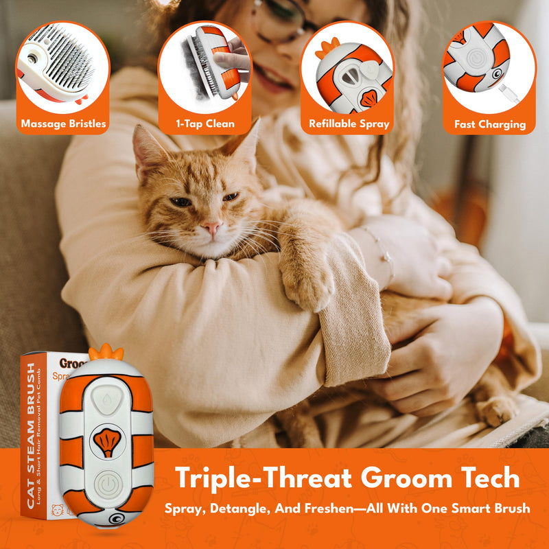 Cat Steam Brush for Shedding – 3-in-1 Grooming Tool with Mist Spray, Anti-Static, USB Rechargeable – One-Click Clean Brush for Cats and Dogs of All Fur Types - PawsPlanet Australia