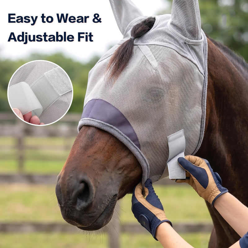 Horse Fly Mask with Ears - UV Protection Fine Mesh Super Comfort Fly Masks for Horses, Adjustable Breathability Horses Masks, Pony Equine Fly Mask for Miniature Foal Draft Cob Srabian Full (Gray, L) Grey