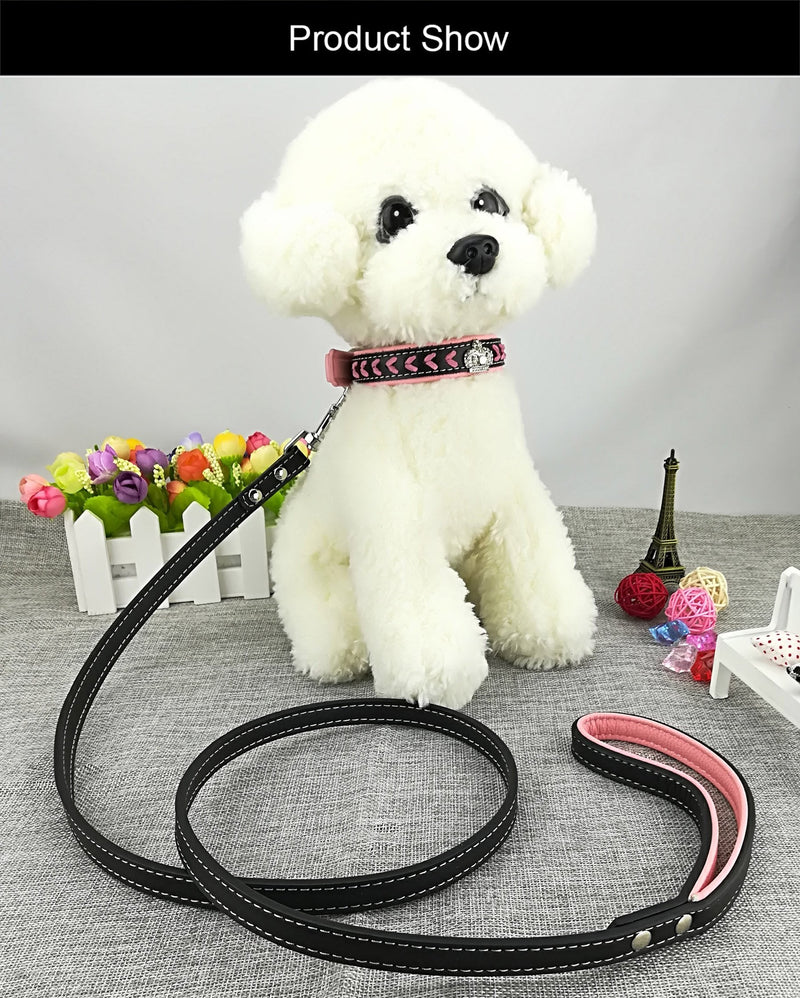 Dog Collar and Lead Set Nylon Straps Woven Bling Collar Leather Diamante Puppy Collar with Leash for Dogs - Pink - S - PawsPlanet Australia
