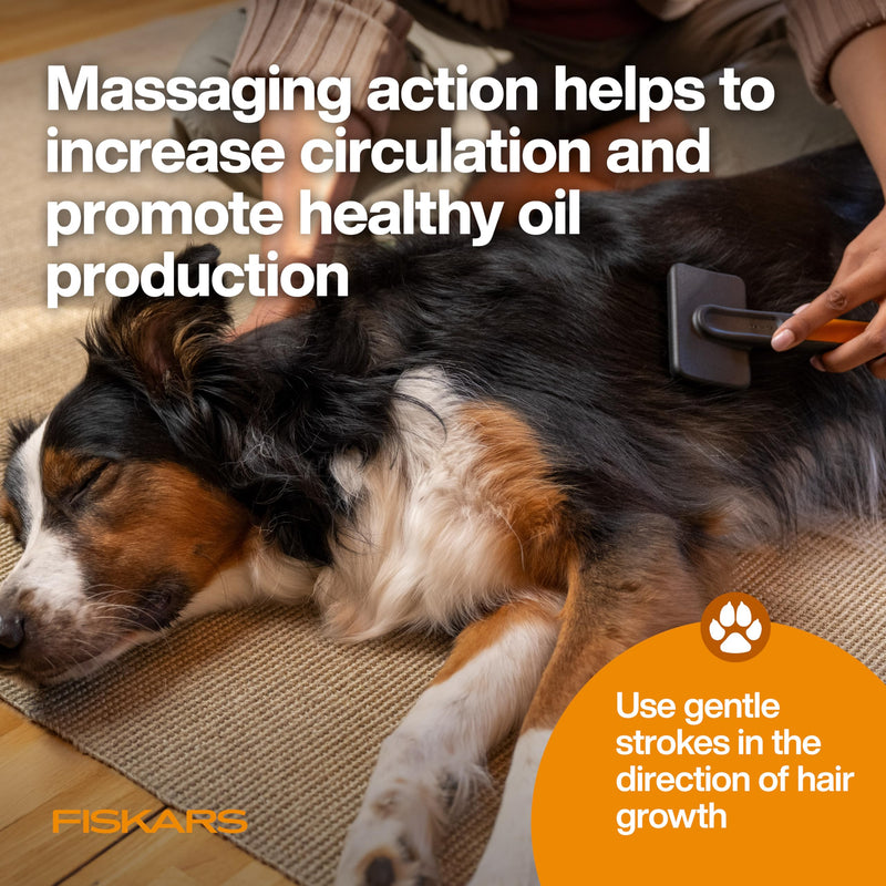 Fiskars Pet Massage Brush, Cat and Dog Brush, Flexible Silicone Bristles & SoftGrip™ Handle for Gentle Deshedding, 6.5”, Orange/Black