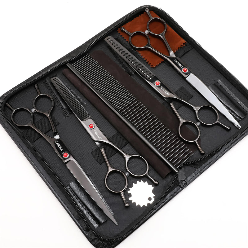 TOPGOOSE Dog Grooming Scissors Kit, Professional 6 in 1 Pet Scissors Sharp Shears Set - Straight, Thinning, Chunker, Curved Shears and Comb for Long Short Hair for Dog Cat (Set, Black) - PawsPlanet Australia