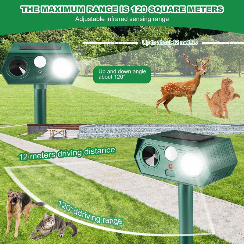 2025 Solar Animal Repellent,Upgraded Ultrasonic Cat Repellent Outdoor,Waterproof Deer Deterrent for Bird Dog Skunk,Squirrels Deterrent with Motion Detection Flash Lights for Farm Patio (2 Pack) 2