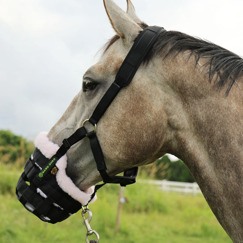 T TEKE Nano-Duro II Deluxe Horse Grazing Muzzle with Fleece Fur Lining, Full Adjustable Neoprene Cushion Halter Black COB