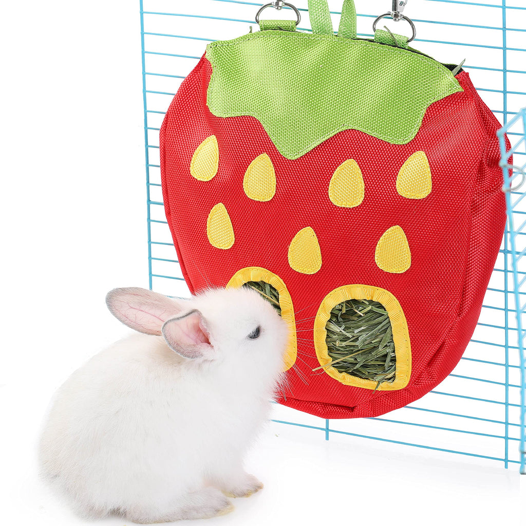 JanYoo Rabbit Hay Feeder Bag for Cage Guinea Pig Timothy Hay Dispenser Storage Manger Hanging Large Less Waste for Bunny A-Strawberry Pack of 1