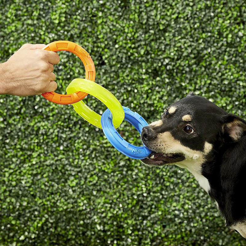 Nerf Dog 11.5in 3-Ring TPR Tug - Blue, Green & Orange - PawsPlanet Australia