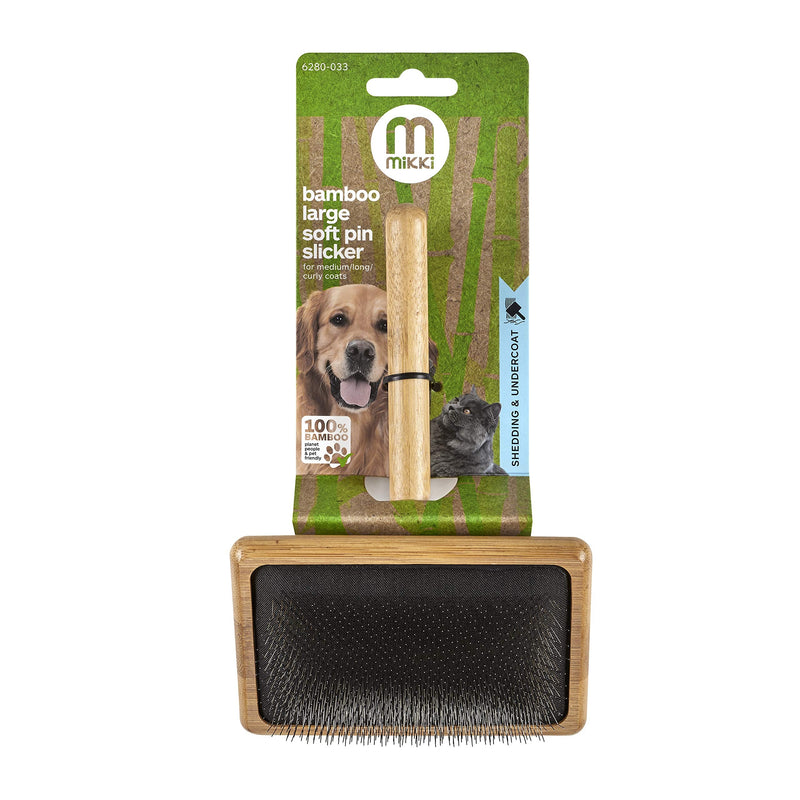 Mikki Bamboo Soft Pin Slicker Brush for Dog, Cat, Puppy, for Medium, Long and Curly Coats, Removes Knots, Tangles, Dead Hair, Handmade from Natural Bamboo, Large L